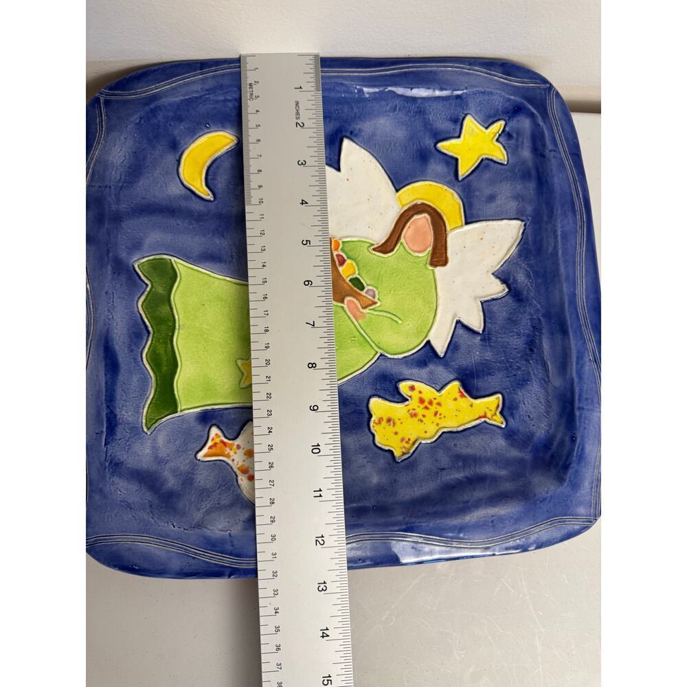Angel Hand Painted Pottery Platter Wall Hanger 13” Harvest Angel Star Moon Birds - Picture 6 of 9